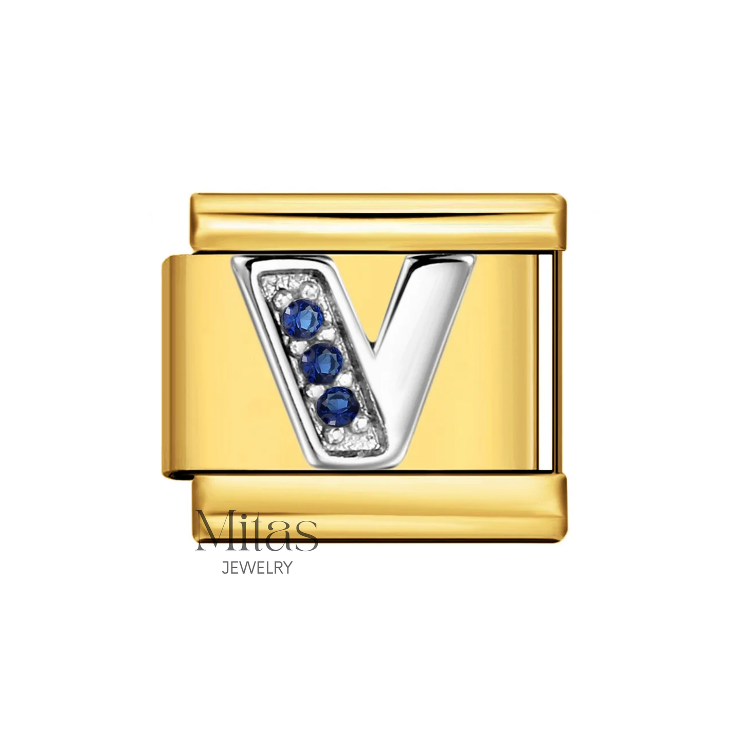Charm Letra V — Dorado con Detalles Azules