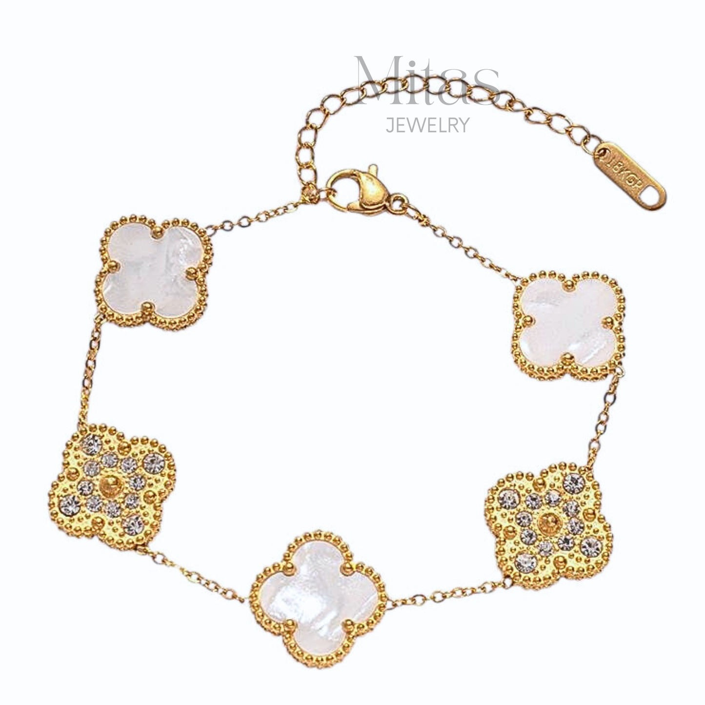 Brazalete Trébol Dorado Blanco & Zirconias