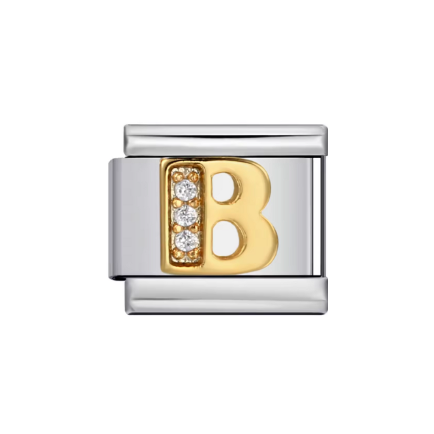 Charm Letra B — Plateado con Detalles Dorados y Zirconias