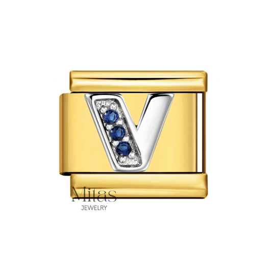 Charm Letra V — Dorado con Detalles Azules
