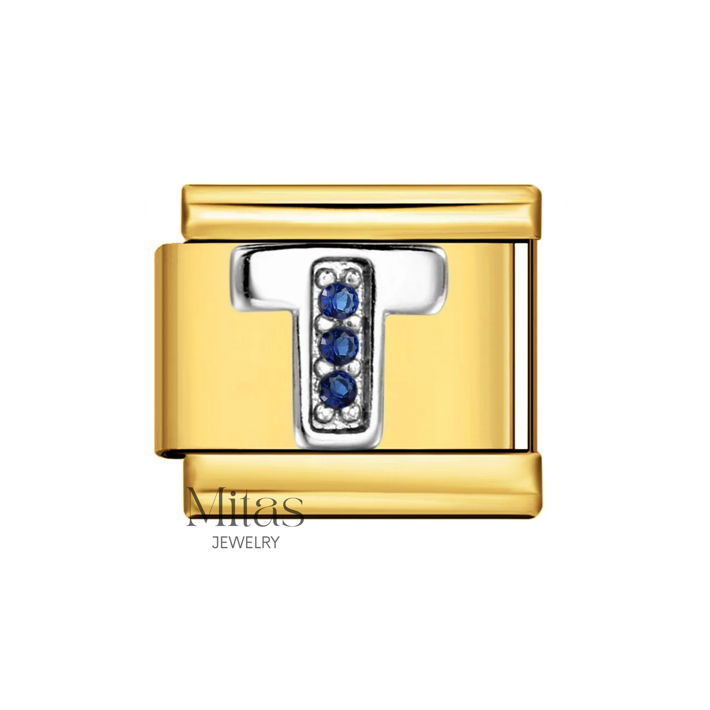 Charm Letra T — Dorado con Detalles Azules