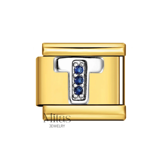 Charm Letra T — Dorado con Detalles Azules