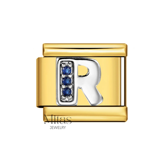 Charm Letra R — Dorado con Detalles Azules