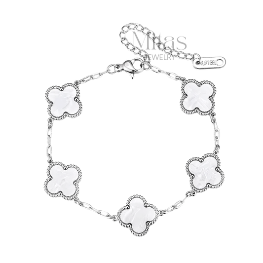 Brazalete Trébol Blanco Plateado