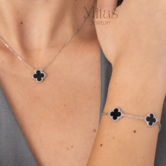 Brazalete Trébol Plateado & Negro