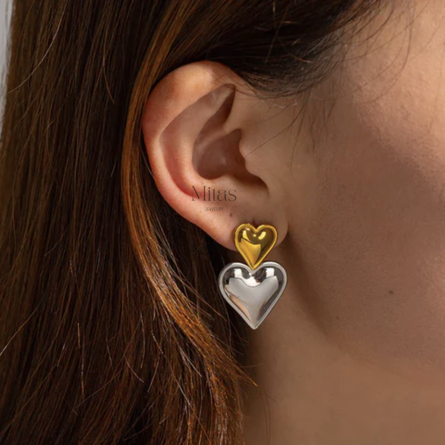 Aretes Corazón Doble Tono