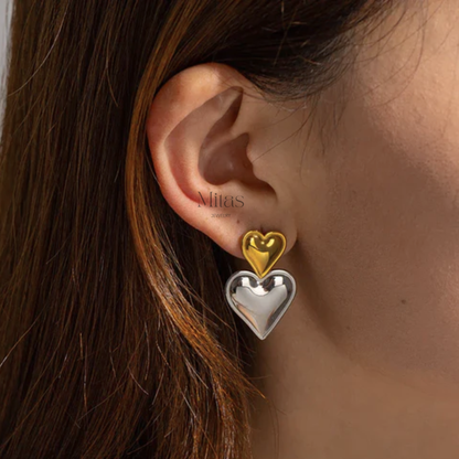 Aretes Corazón Doble Tono