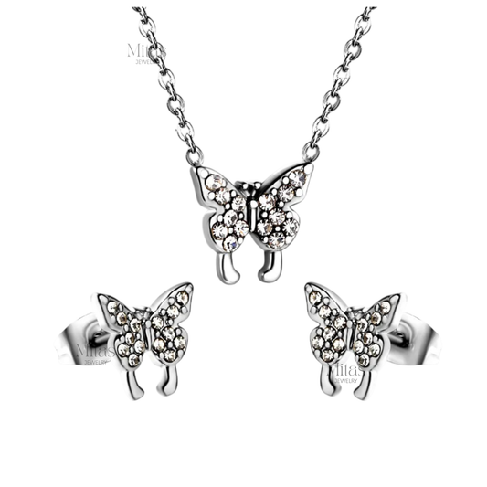 Collar & Aretes Mariposa Plateado
