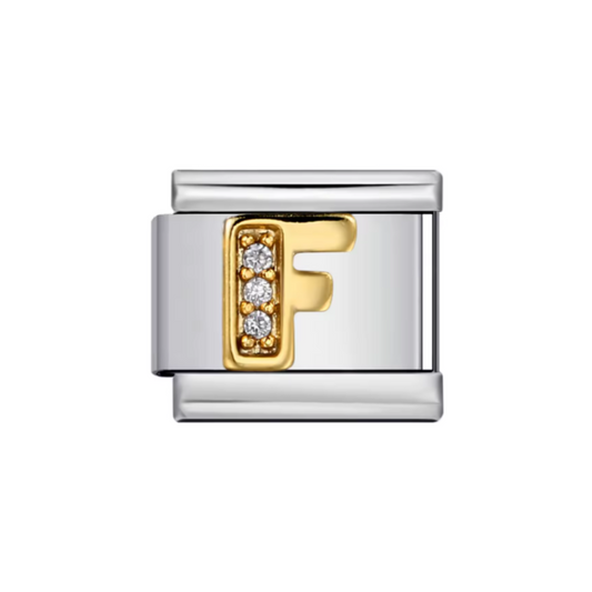 Charm Letra F — Plateado con Detalles Dorados y Zirconias