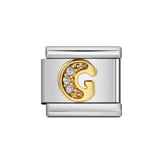 Charm Letra G — Plateado con Detalles Dorados y Zirconias
