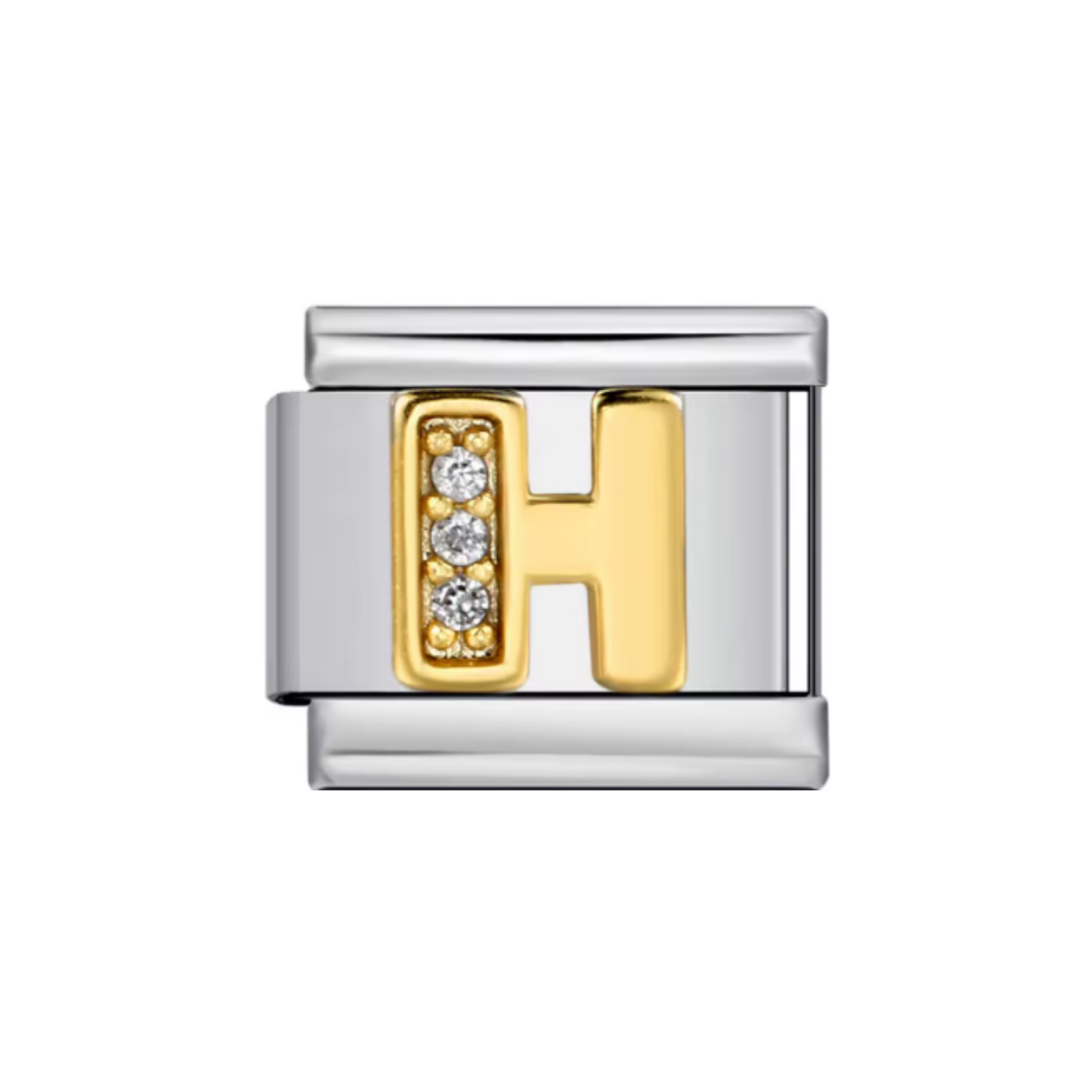 Charm Letra H — Plateado con Detalles Dorados y Zirconias