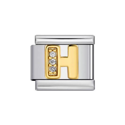 Charm Letra H — Plateado con Detalles Dorados y Zirconias