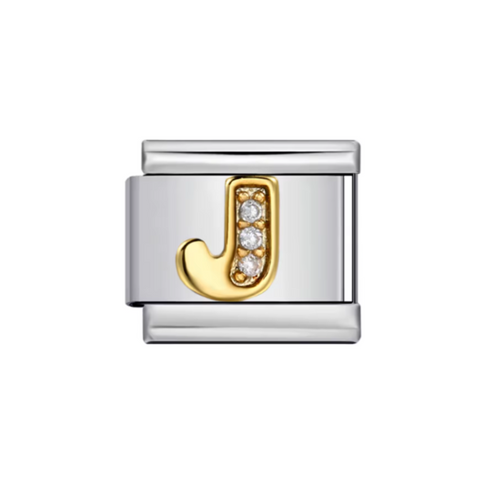 Charm Letra J — Plateado con Detalles Dorados y Zirconias