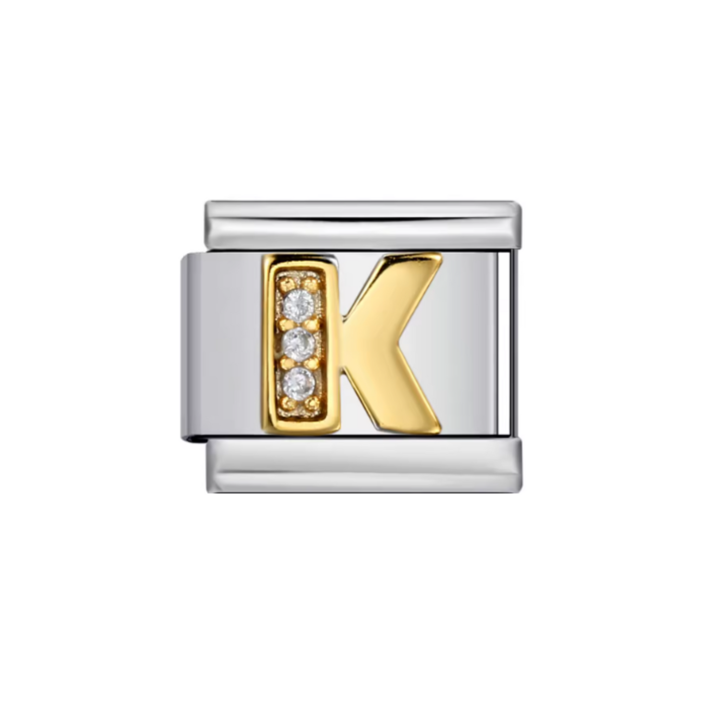 Charm Letra K — Plateado con Detalles Dorados y Zirconias