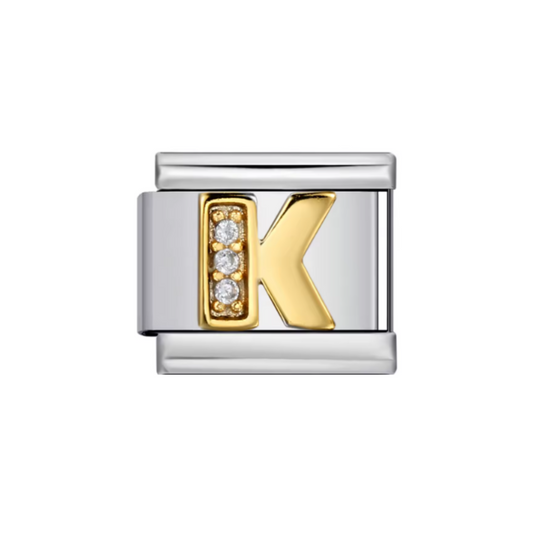 Charm Letra K — Plateado con Detalles Dorados y Zirconias