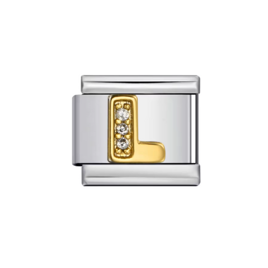 Charm Letra L — Plateado con Detalles Dorados y Zirconias
