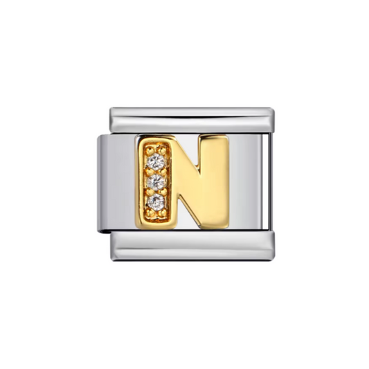 Charm Letra N — Plateado con Detalles Dorados y Zirconias