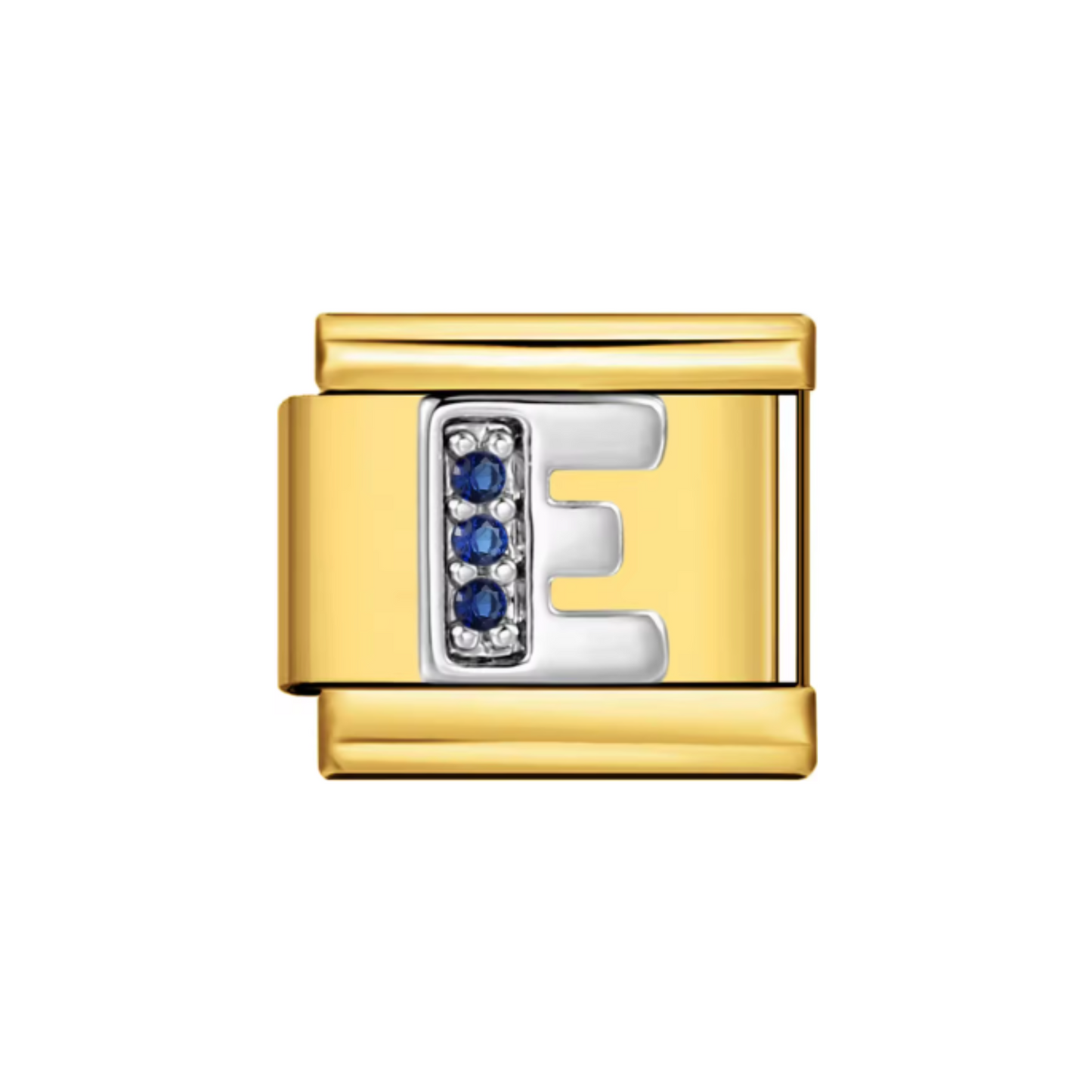 Charm Letra E — Dorado con Detalles Azules