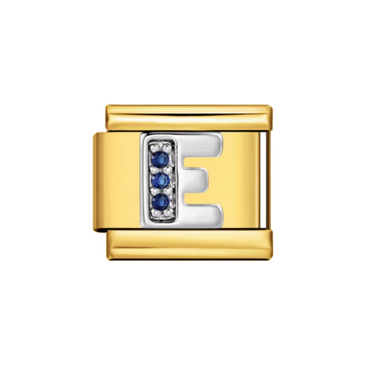 Charm Letra E — Dorado con Detalles Azules