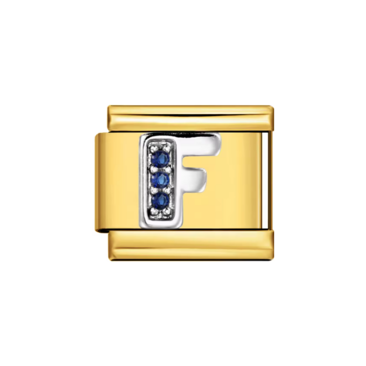 Charm Letra F — Dorado con Detalles Azules