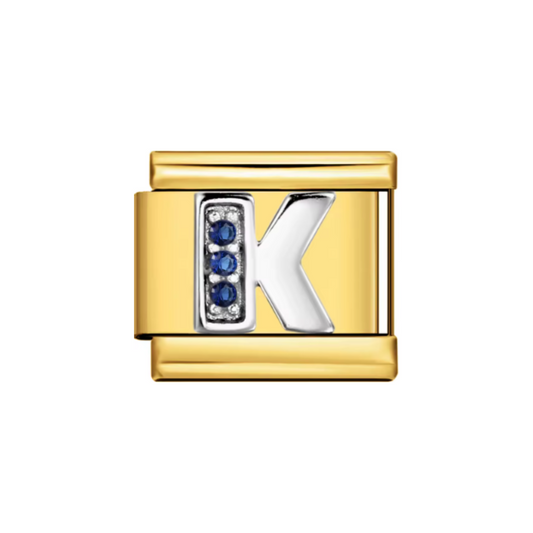 Charm Letra K — Dorado con Detalles Azules