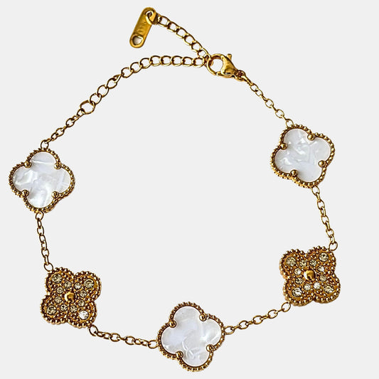 Brazalete Trébol Dorado Blanco & Zirconias