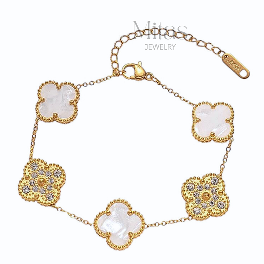 Brazalete Trébol Dorado Blanco & Zirconias