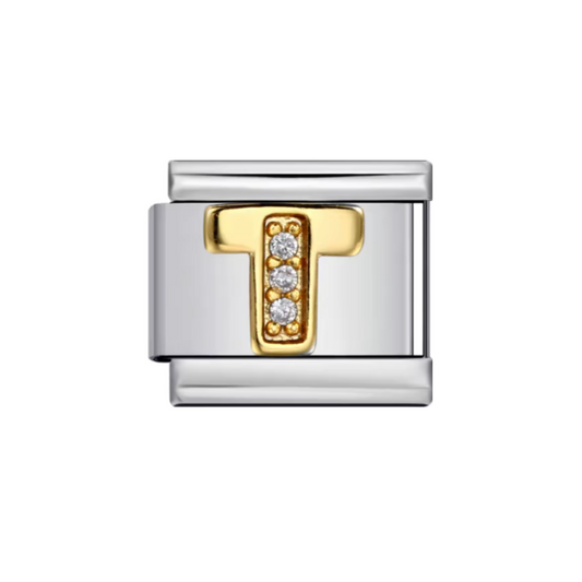 Charm Letra T — Plateado con Detalles Dorados y Zirconias
