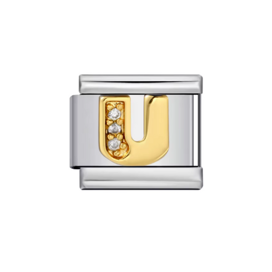 Charm Letra U — Plateado con Detalles Dorados y Zirconias