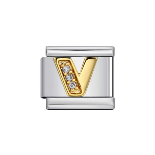 Charm Letra V — Plateado con Detalles Dorados y Zirconias