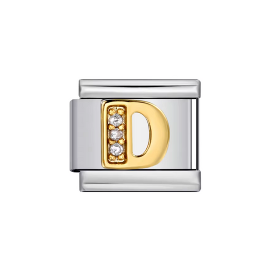 Charm Letra D — Plateado con Detalles Dorados y Zirconias
