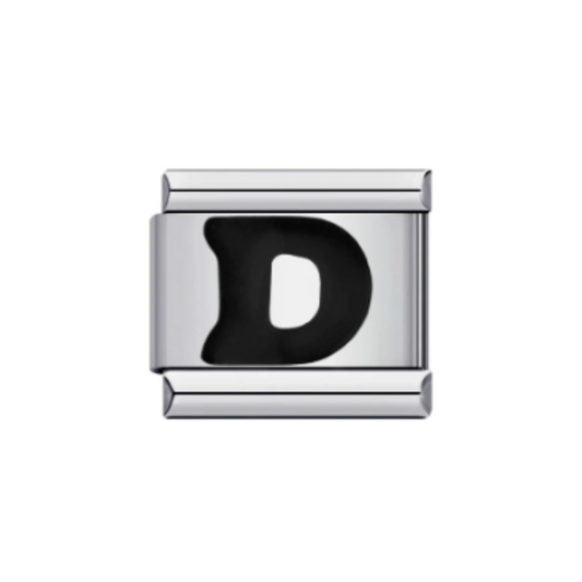 Charm Letra D — Plateado con Detalle Negro