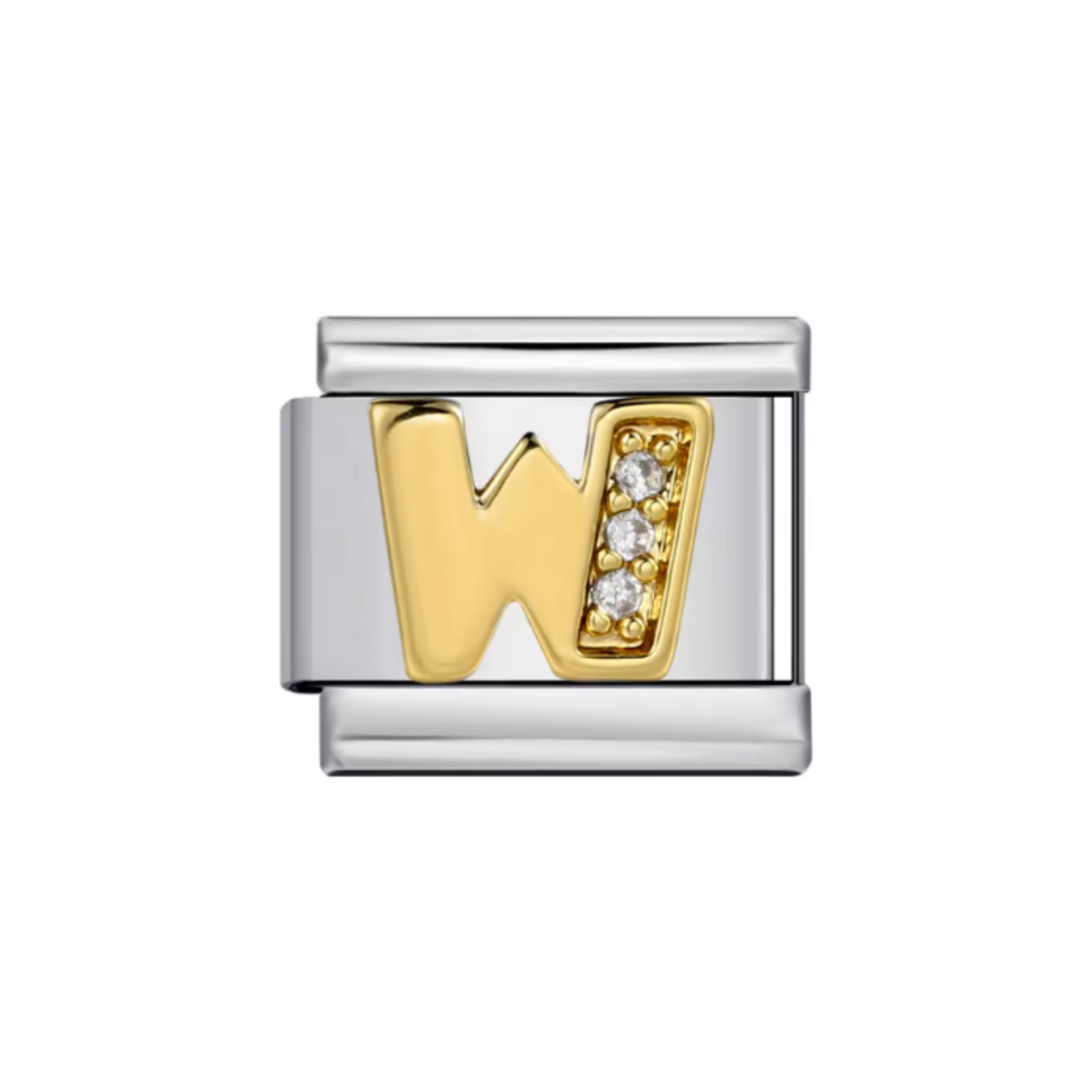 Charm Letra W — Plateado con Detalles Dorados y Zirconias