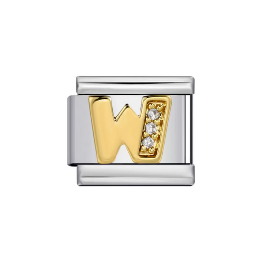 Charm Letra W — Plateado con Detalles Dorados y Zirconias