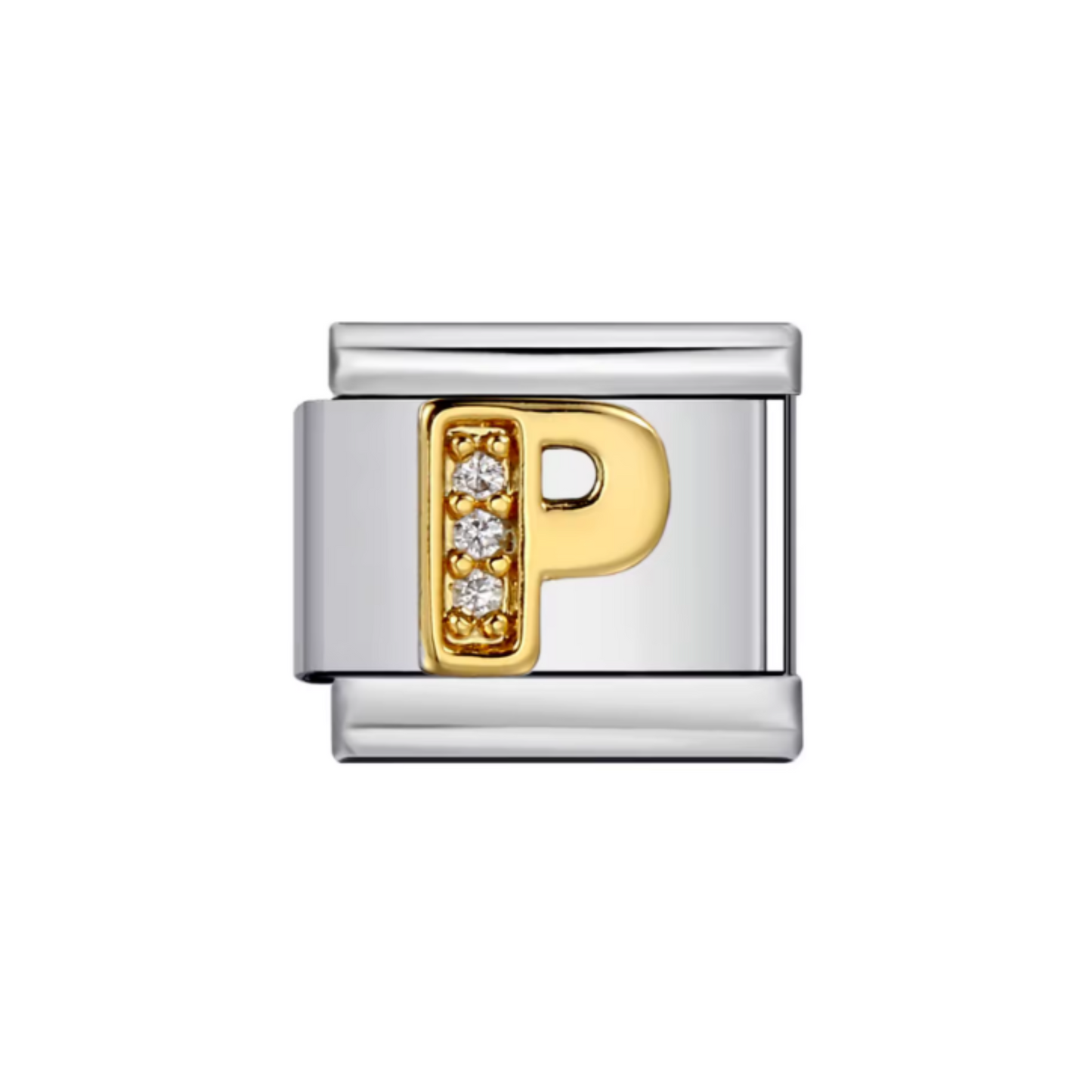 Charm Letra P — Plateado con Detalles Dorados y Zirconias