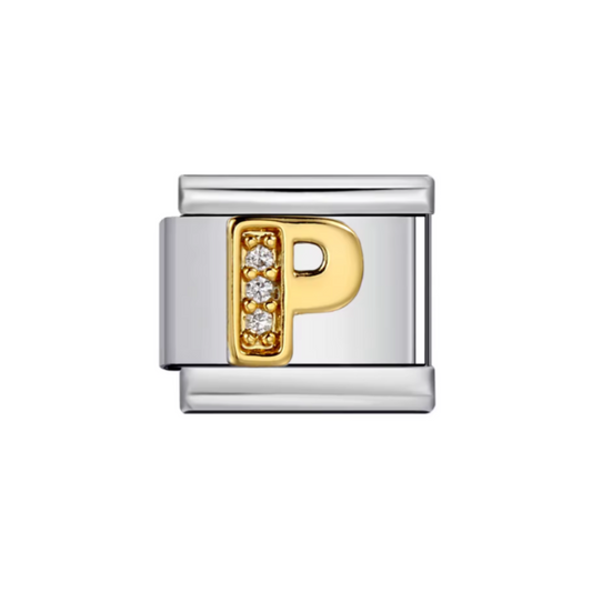 Charm Letra P — Plateado con Detalles Dorados y Zirconias