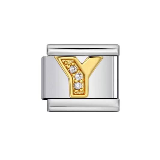 Charm Letra Y — Plateado con Detalles Dorados y Zirconias