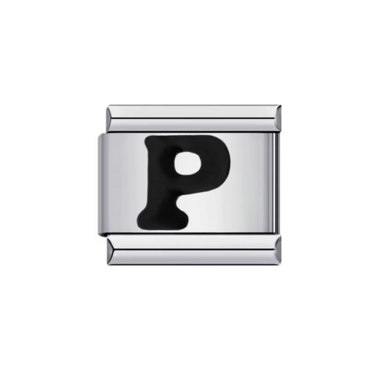Charm Letra P — Plateado con Detalle Negro