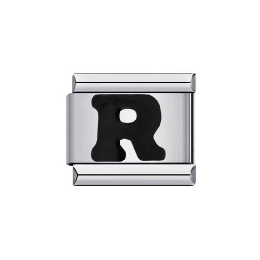 Charm Letra R — Plateado con Detalle Negro