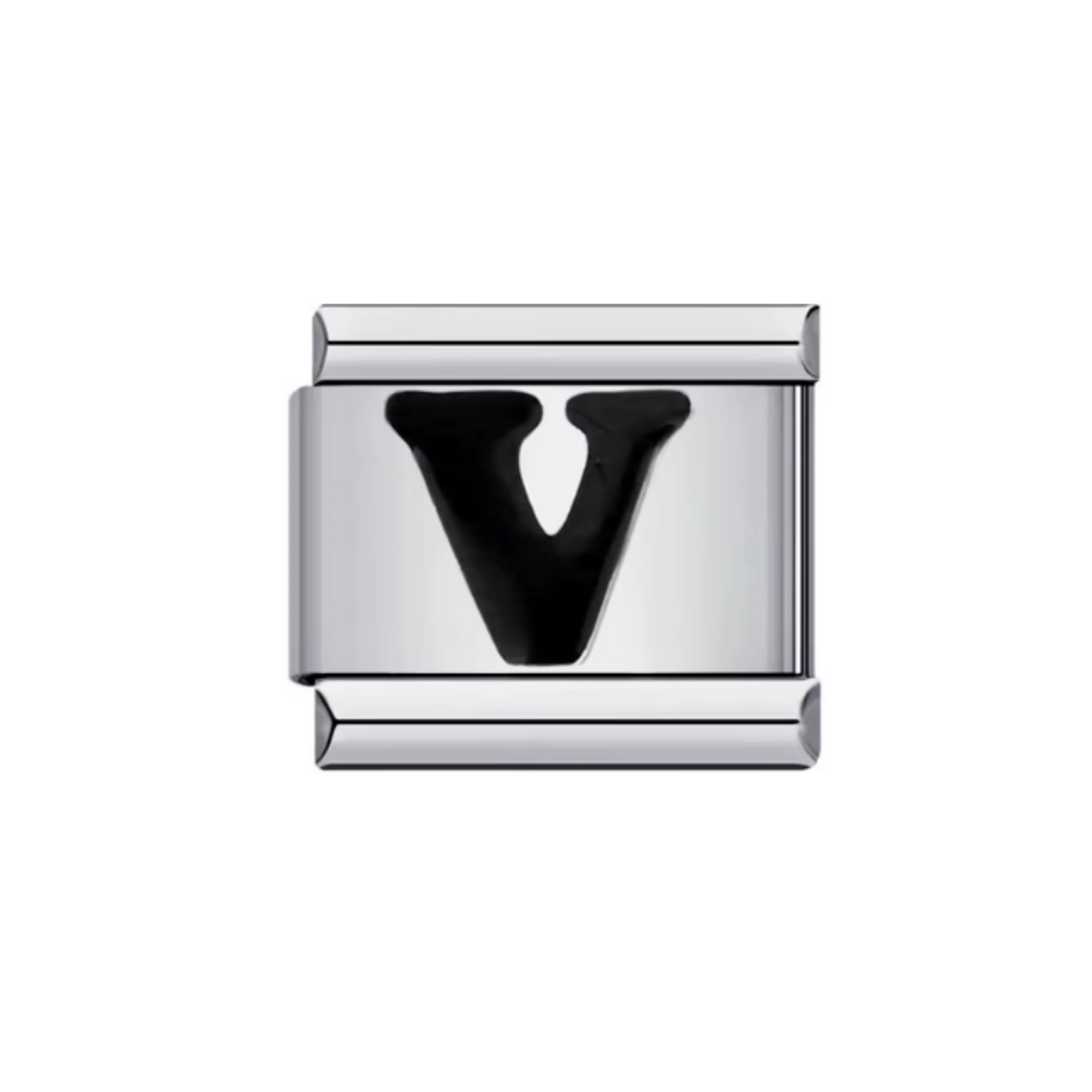 Charm Letra V — Plateado con Detalle Negro