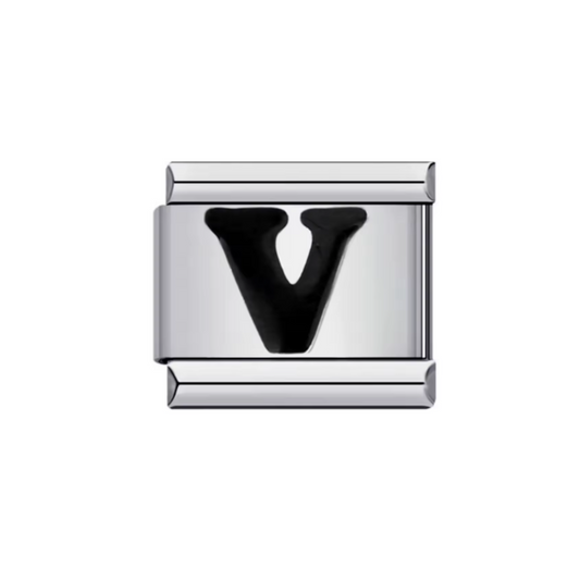 Charm Letra V — Plateado con Detalle Negro