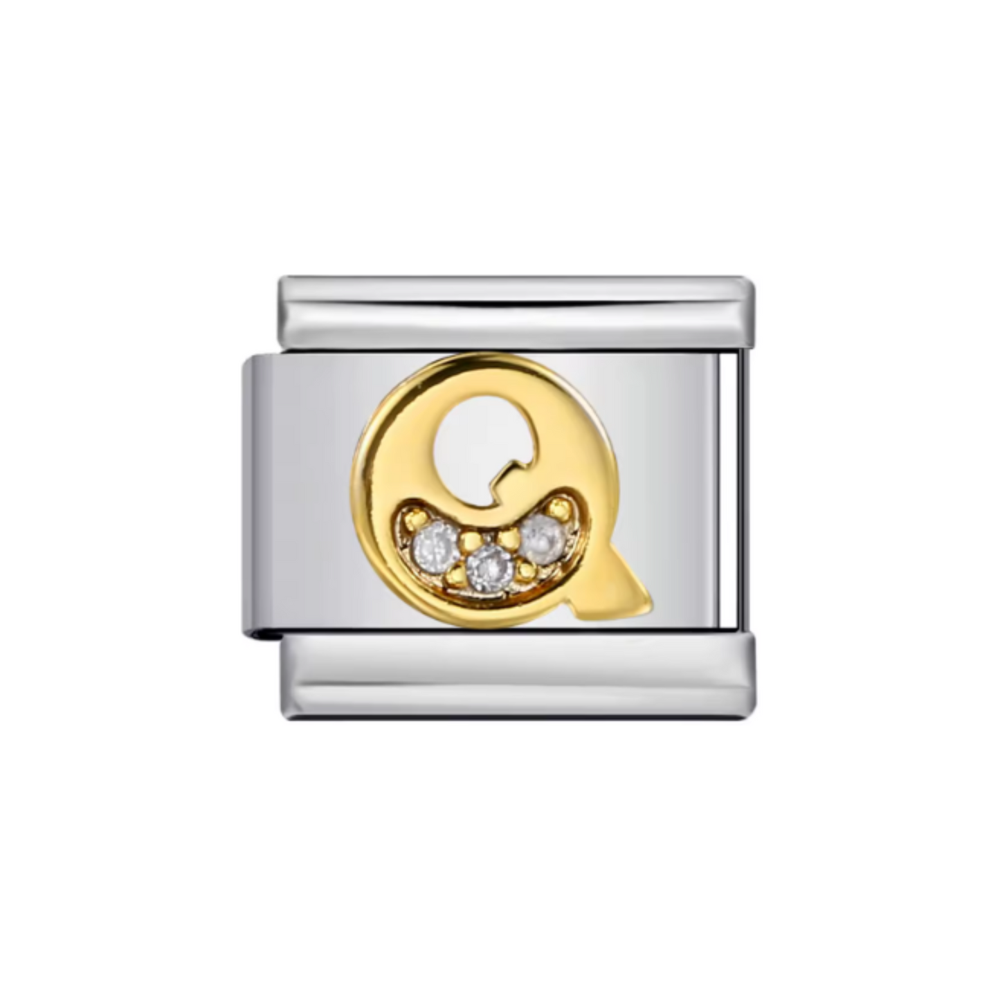 Charm Letra Q — Plateado con Detalles Dorados y Zirconias