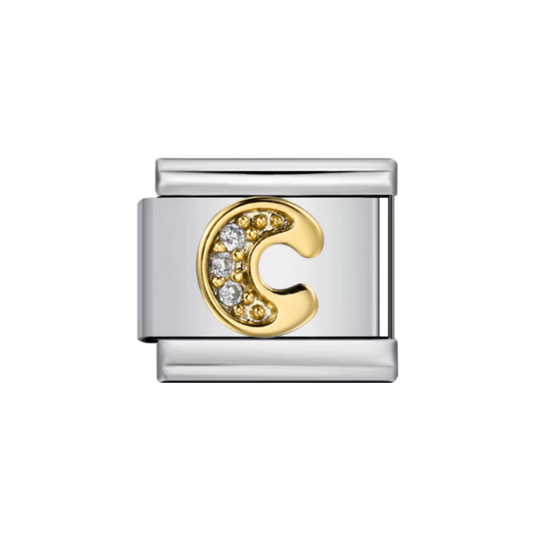 Charm Letra C — Plateado con Detalles Dorados y Zirconias