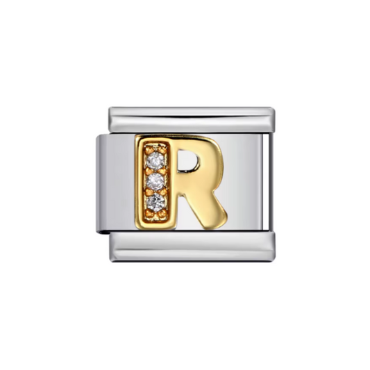 Charm Letra R — Plateado con Detalles Dorados y Zirconias
