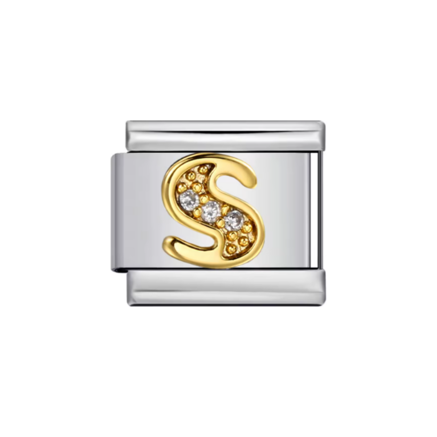 Charm Letra S — Plateado con Detalles Dorados y Zirconias
