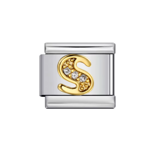 Charm Letra S — Plateado con Detalles Dorados y Zirconias