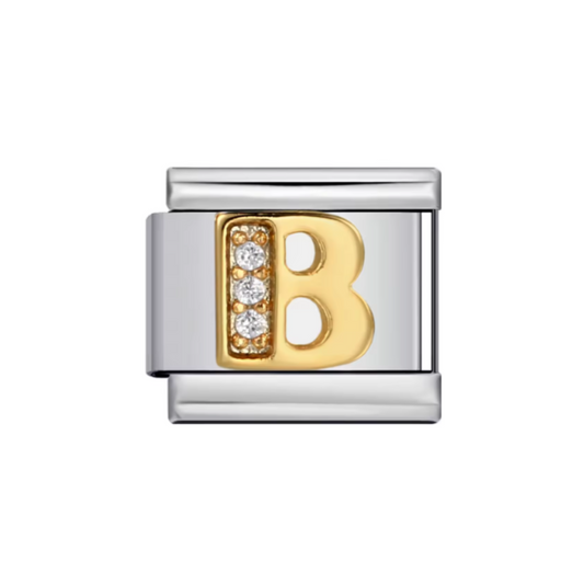 Charm Letra B — Plateado con Detalles Dorados y Zirconias