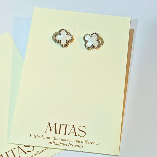 Aretes Trébol Plateado & Blanco